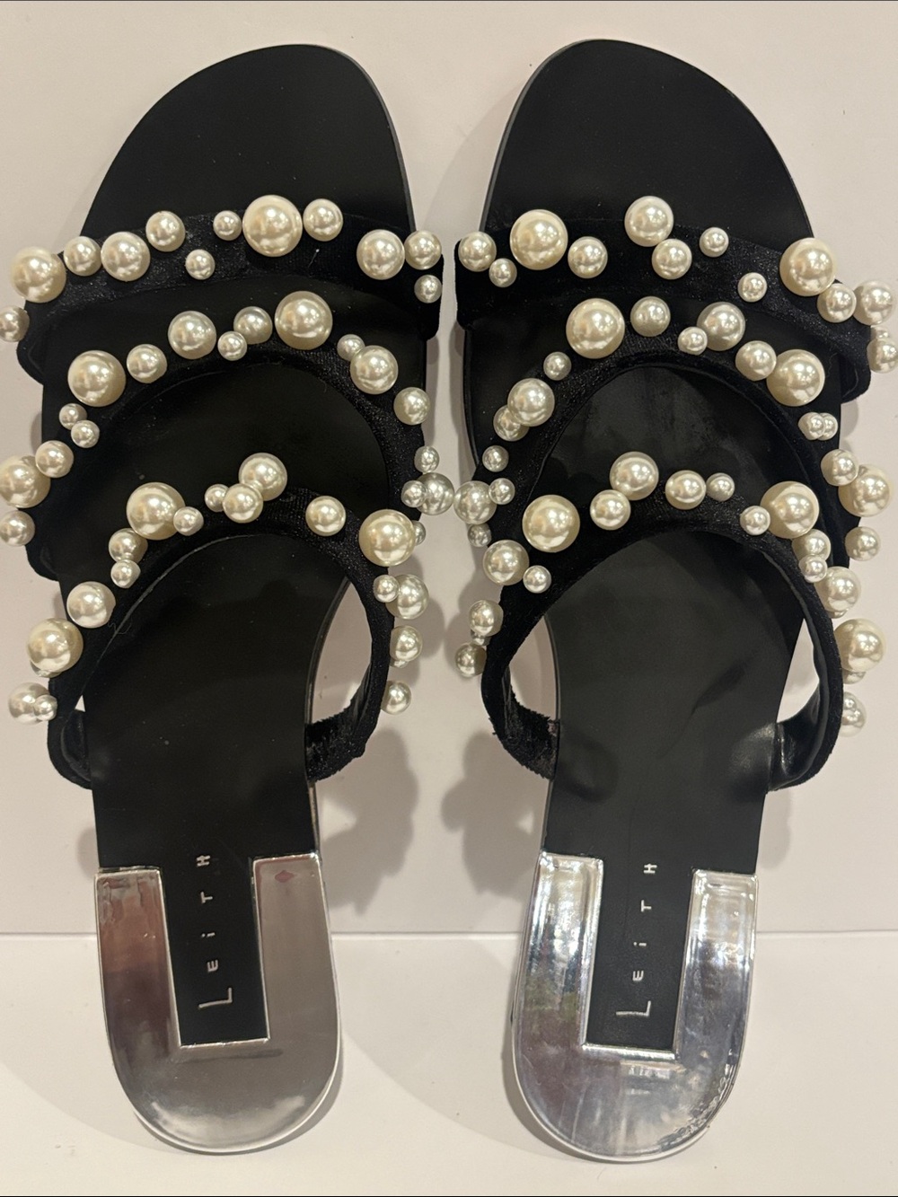 Leith Pearl-Embellished Black Slide Sandals